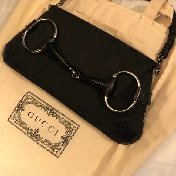 GUCCI Vintage Black Monogram Horse Bit Clutch - Picture 7 of 16